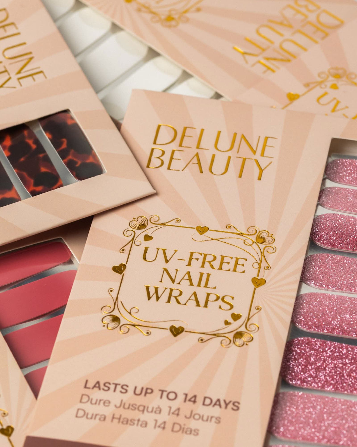 Uñas adhesivas Copper Glitter sin lámpara UV: empaque de uñas adhesivas Delune Beauty sin lámpara UV, duran hasta 14 días, con diseños carey, rojo y glitter rosa