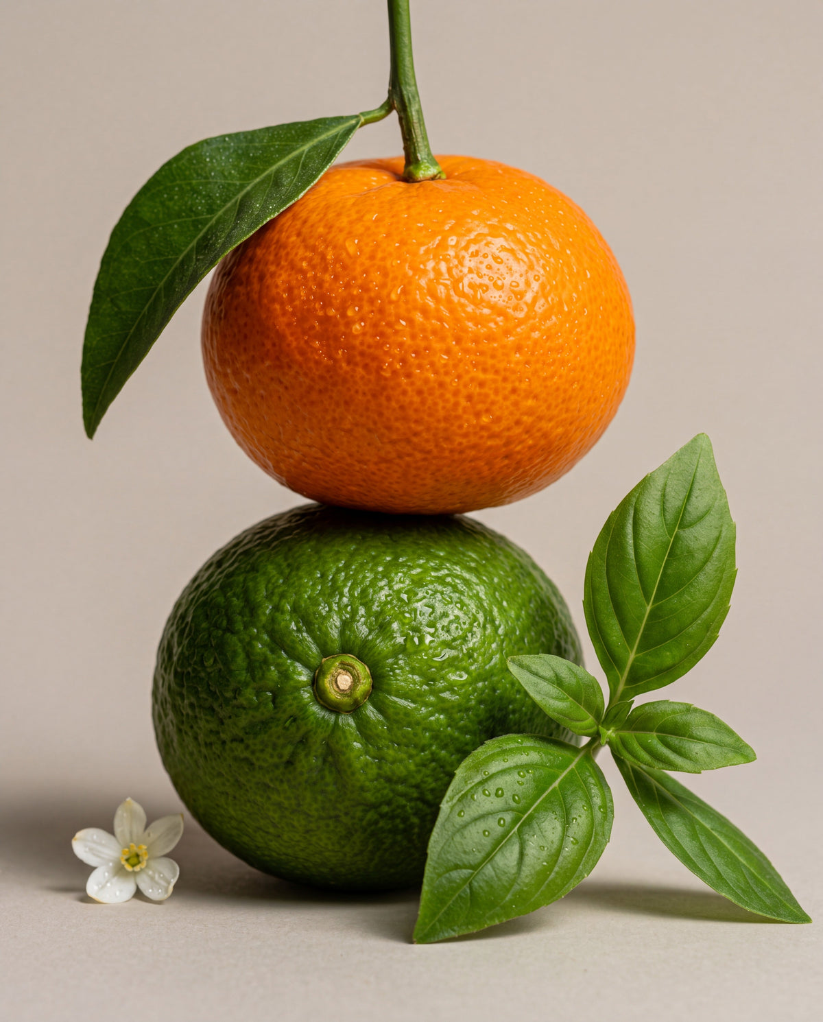 Notas de Basil Lime & Mandarin: una mandarina sobre una lima con albahaca dulce