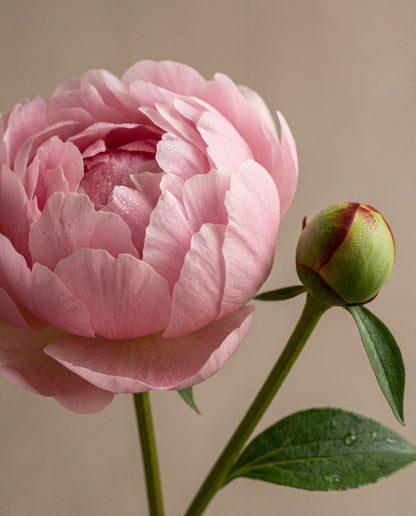 Notas de Blush Peony & Suede: una peonía rosa pálido en flor con un botón de peonía