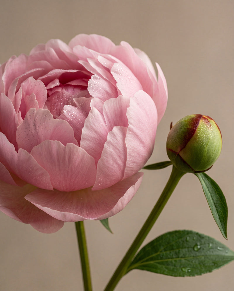 Notas de Blush Peony & Suede: una peonía rosa pálido en flor con un botón de peonía