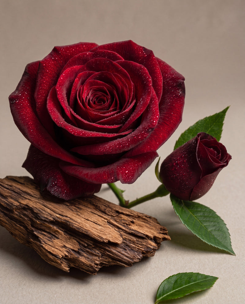 Notas de Rose Velvet & Oud: una rosa roja aterciopelada y un botón sobre madera de oud
