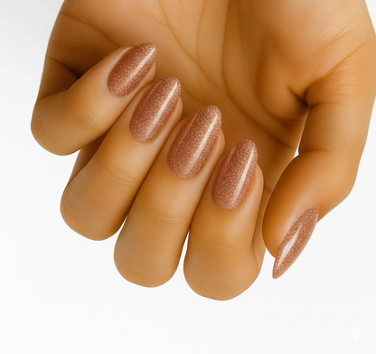 Uñas adhesivas Copper Glitter sin lámpara UV: acercamiento a uñas almendradas con glitter cobrizo cálido