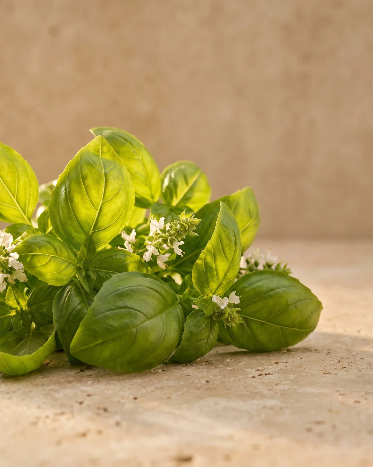 Un manojo de hojas frescas de albahaca a contraluz bajo un sol cálido: el aroma herbal, dulce y especiado del aceite esencial puro de albahaca de Delune