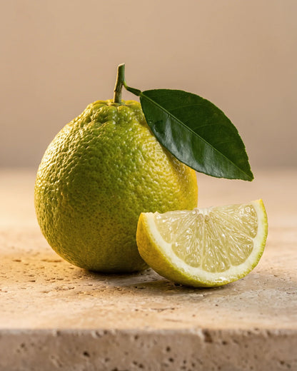 Una bergamota entera con su hoja junto a un gajo jugoso sobre travertino cálido: el aroma cítrico, luminoso y floral del aceite esencial puro de bergamota de Delune