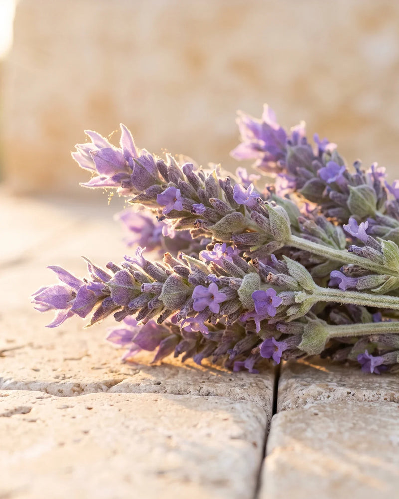 Lavanda en flor recién cortada sobre travertino cálido, iluminada por un sol bajo y dorado: el aroma floral y calmante del Aceite esencial puro de lavanda búlgara de Delune