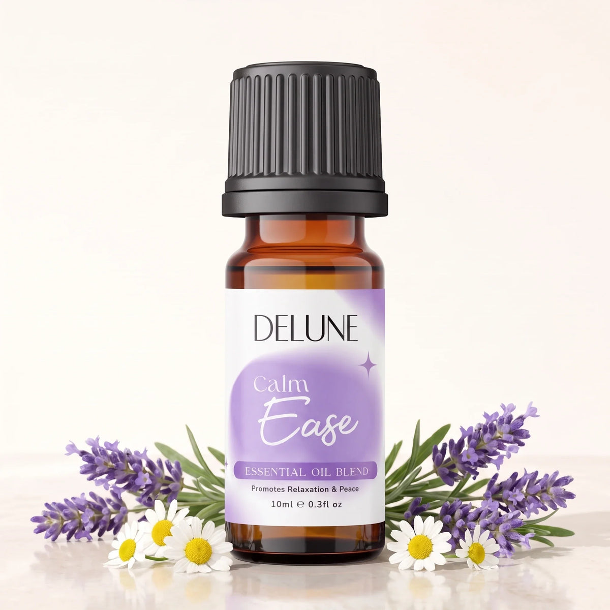 Mezcla de aceites esenciales Calm Ease de Delune, frasco de vidrio ámbar de 10 ml con flores frescas de lavanda y manzanilla