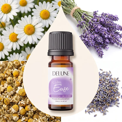 Mezcla de aceites esenciales Calm Ease de Delune rodeada de sus ingredientes: manzanilla y lavanda frescas y secas