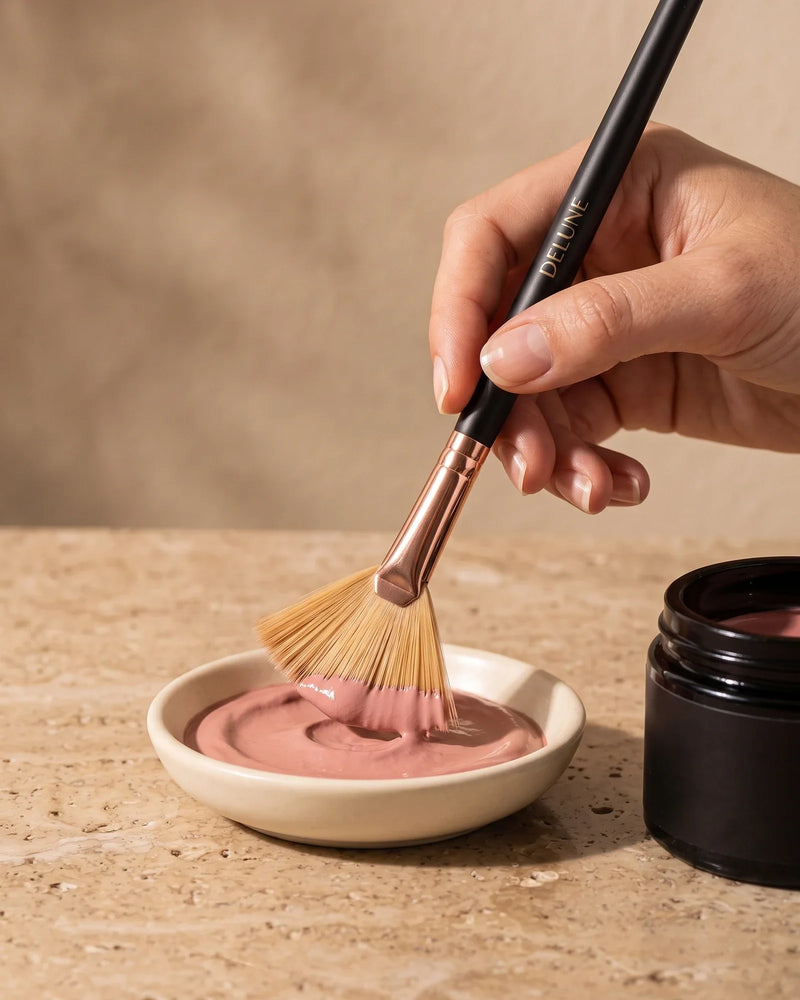 Mano cargando la brocha abanico de Delune con pasta de arcilla rosa de un recipiente de cerámica