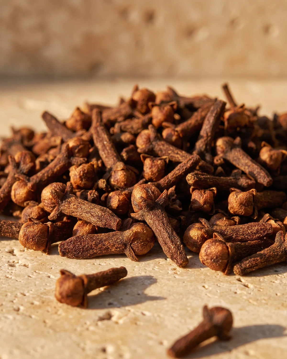Un montón de clavos de olor enteros y secos bajo una luz cálida rasante sobre travertino: el aroma cálido y especiado del aceite esencial puro de clavo de Delune