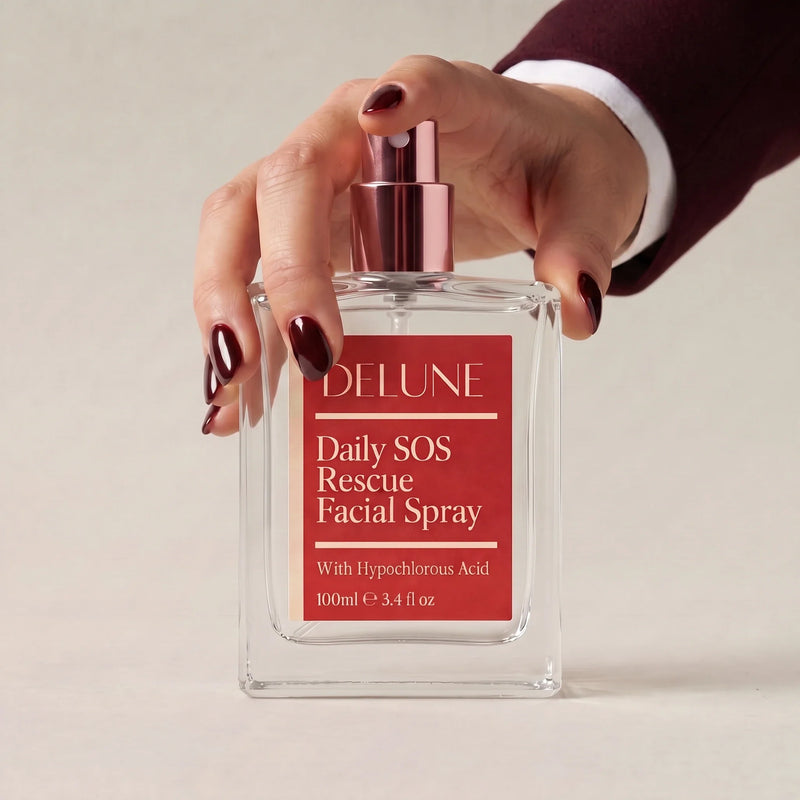 Una mano sobre la bruma facial de rescate Daily SOS de Delune