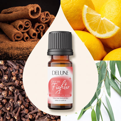 Mezcla de aceites esenciales Germ Fighter de Delune rodeada de sus ingredientes: canela, limón amarillo, clavo y eucalipto