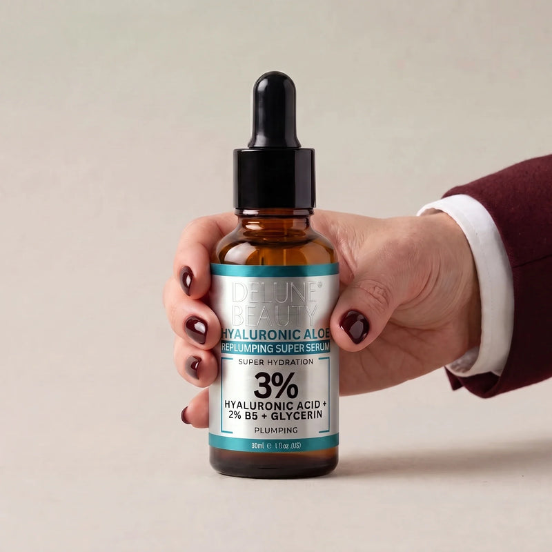 Una mano sostiene el sérum facial Hyaluronic Aloe de Delune