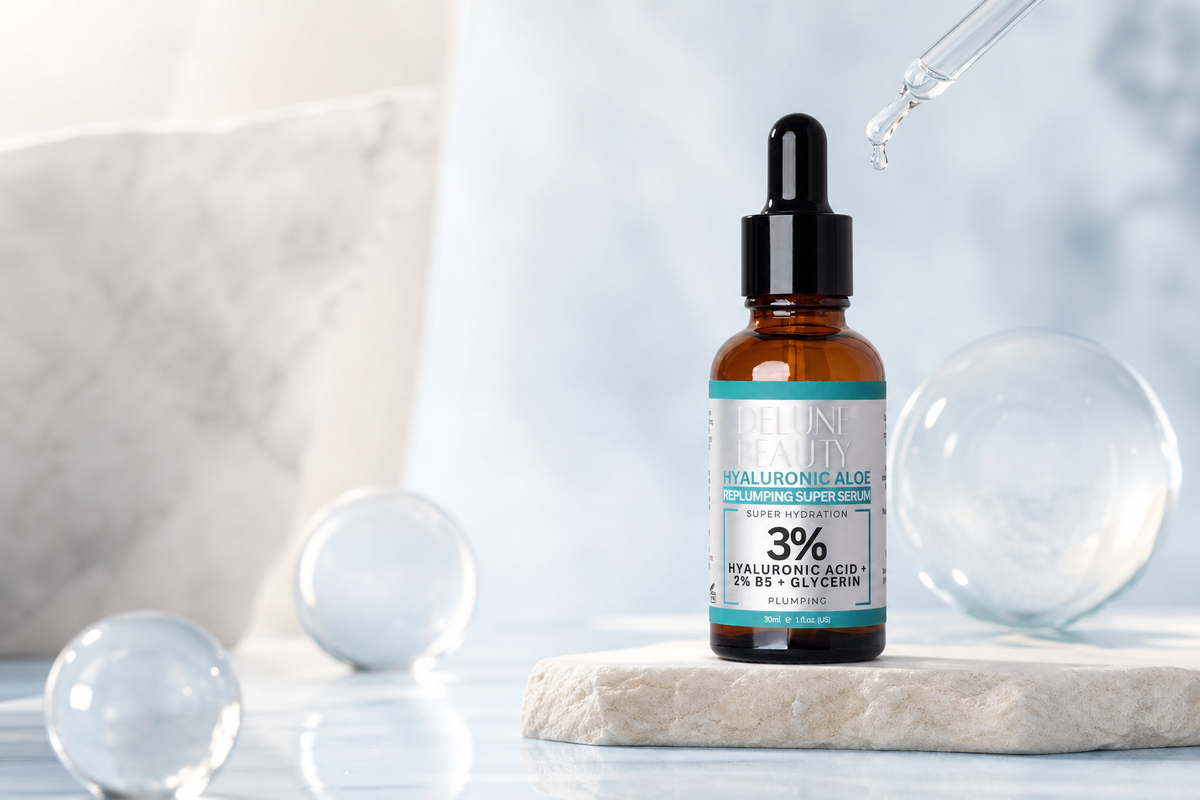 Sérum Hyaluronic Aloe B5 de Delune en un bodegón de hidratación azul mineral
