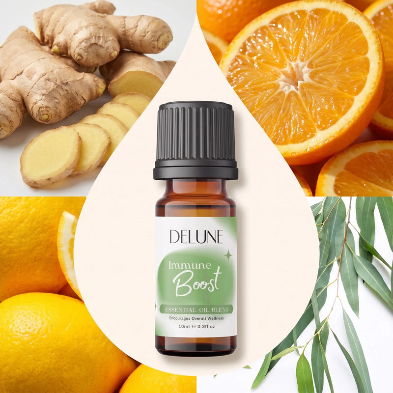 Mezcla de aceites esenciales Immune Boost de Delune rodeada de sus ingredientes: jengibre, naranja, limón amarillo y eucalipto