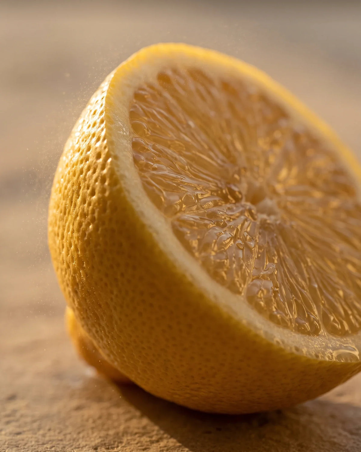Primer plano de un limón amarillo recién partido a la mitad, con su pulpa jugosa brillando bajo un sol bajo y cálido sobre travertino color hueso: el aroma fresco y luminoso del Aceite esencial puro de limón amarillo de Delune