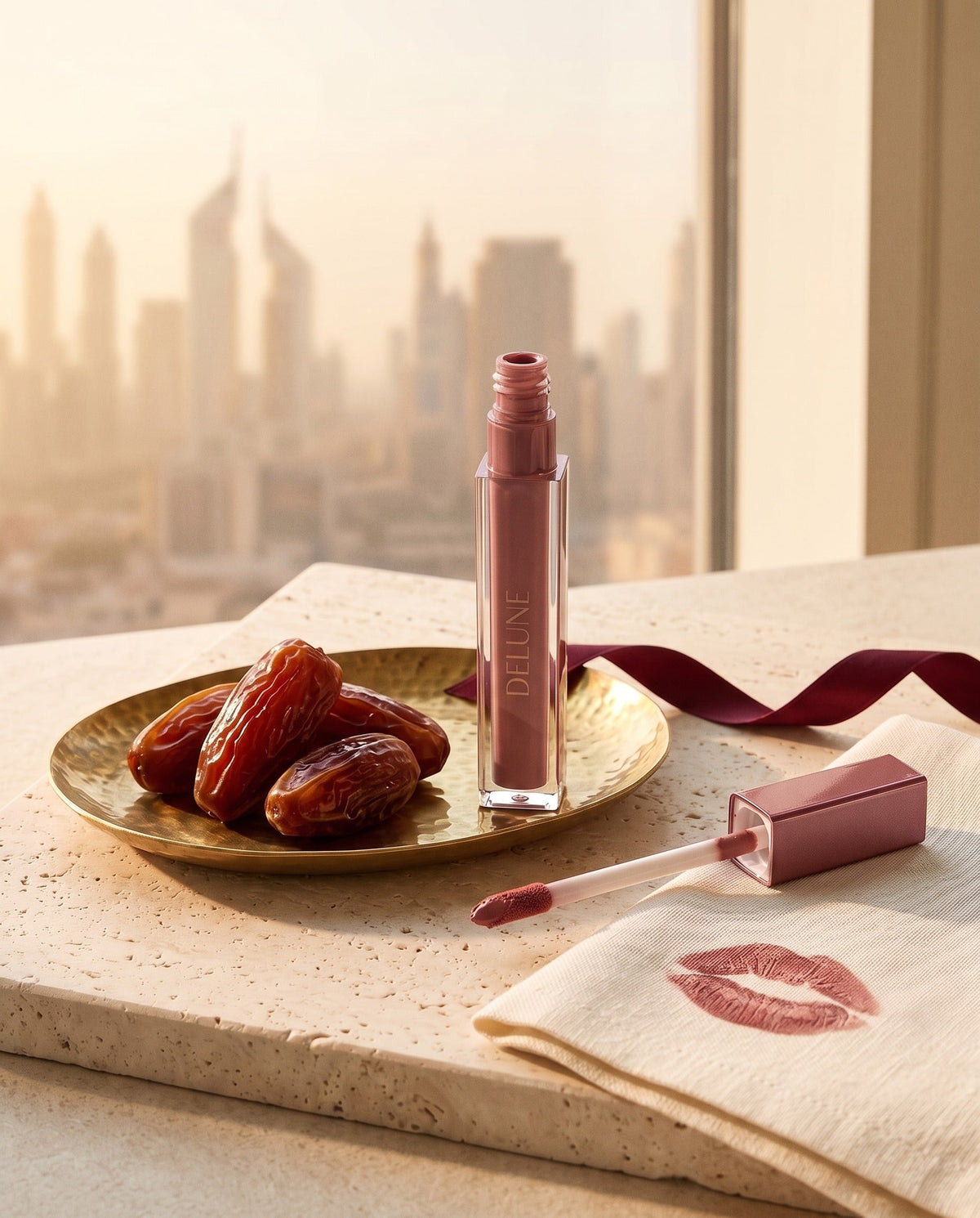 Delune LuxMatte en Date in Dubai con dátiles Medjool y el skyline de Dubái