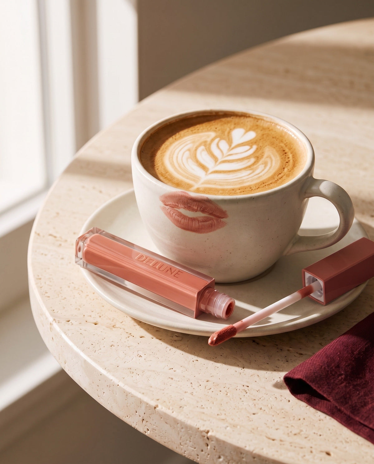 Delune LuxMatte en Rose Latte con un latte y la huella de un beso rosa