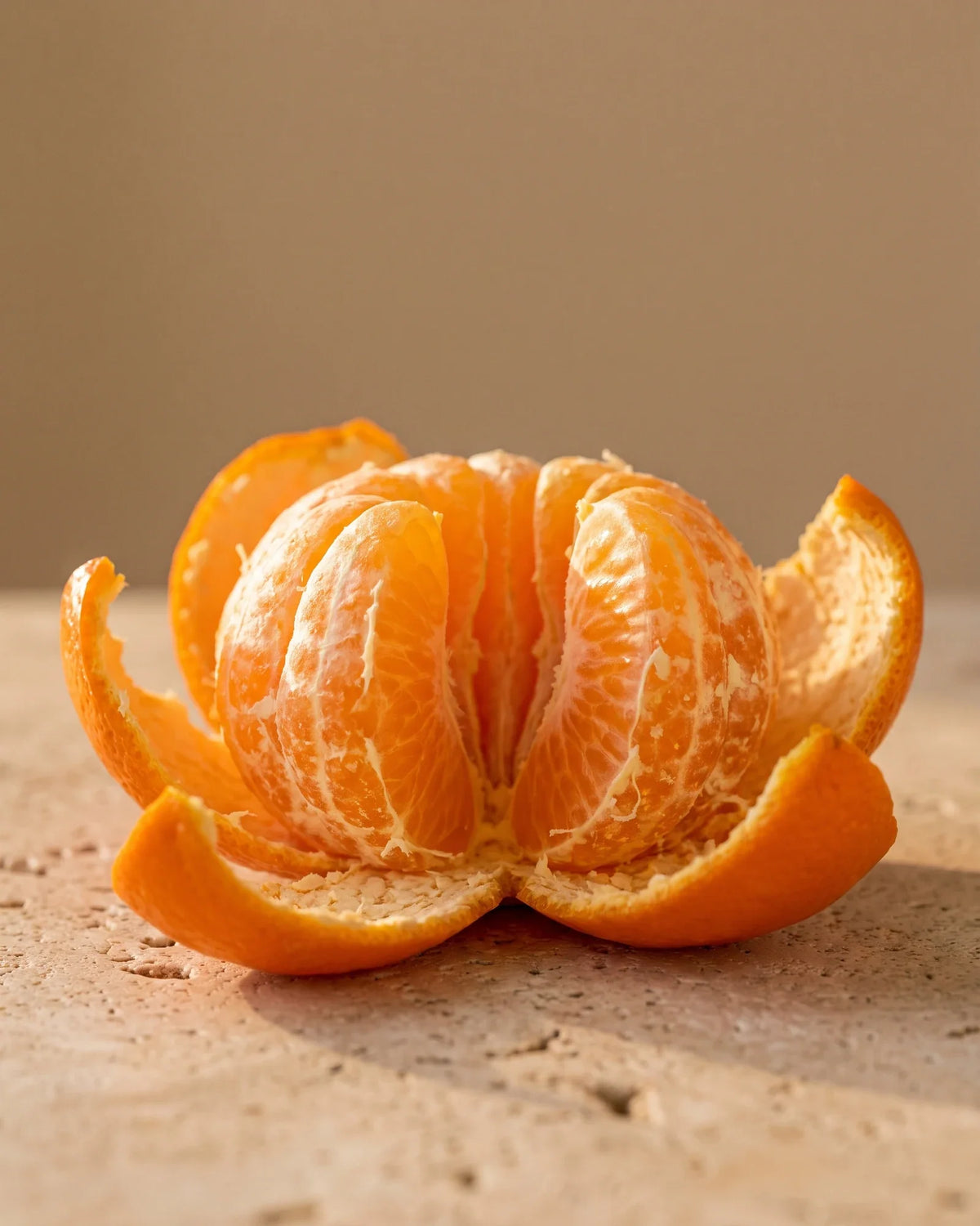 Una mandarina recién pelada con sus gajos brillando bajo una luz cálida: el aroma cítrico, dulce y jugoso del Aceite esencial puro de mandarina de Delune