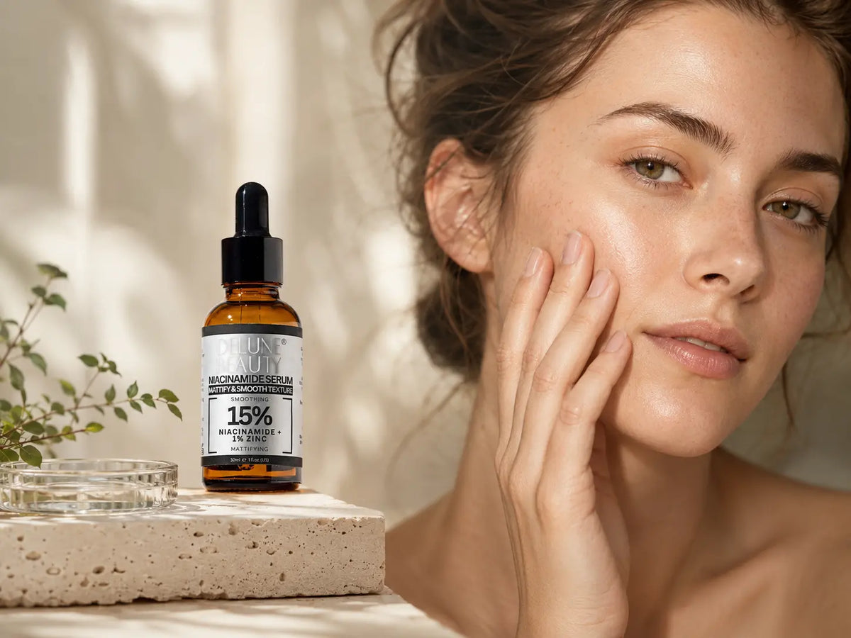 Sérum 15% Niacinamide y 1% Zinc de Delune junto a una mujer adulta que presiona su mejilla