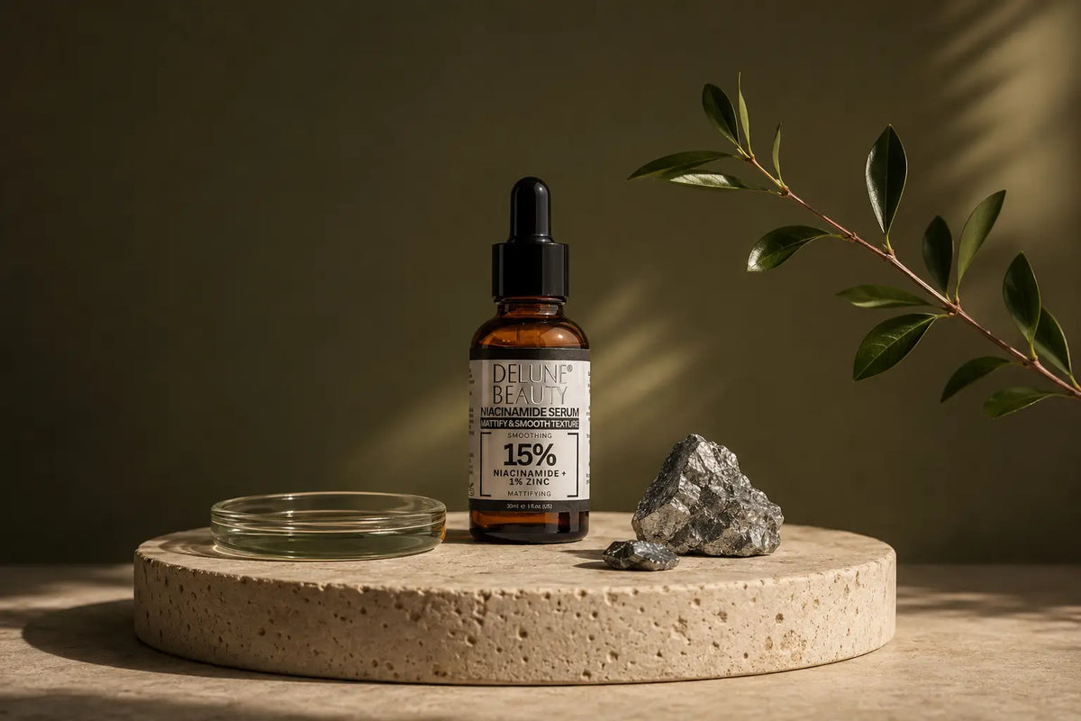 Sérum 15% Niacinamide y 1% Zinc de Delune sobre travertino con un mineral de zinc