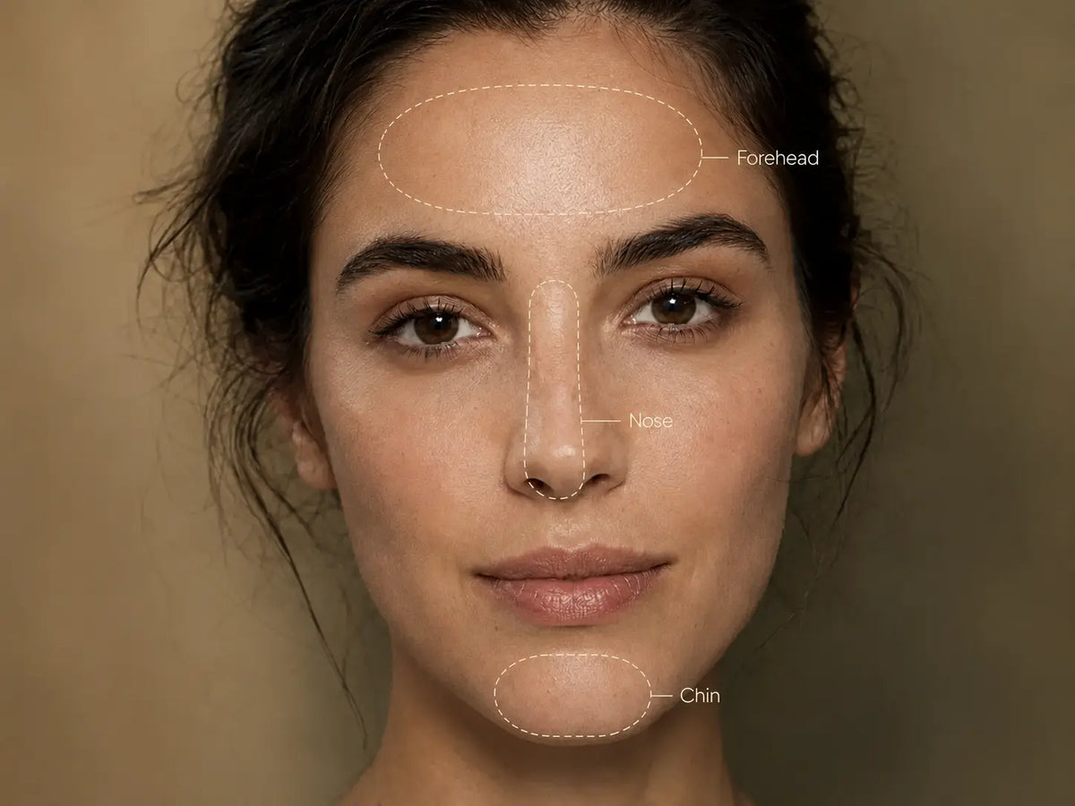 Retrato de belleza limpio de una mujer adulta con etiquetas de la zona T en la frente, la nariz y la barbilla