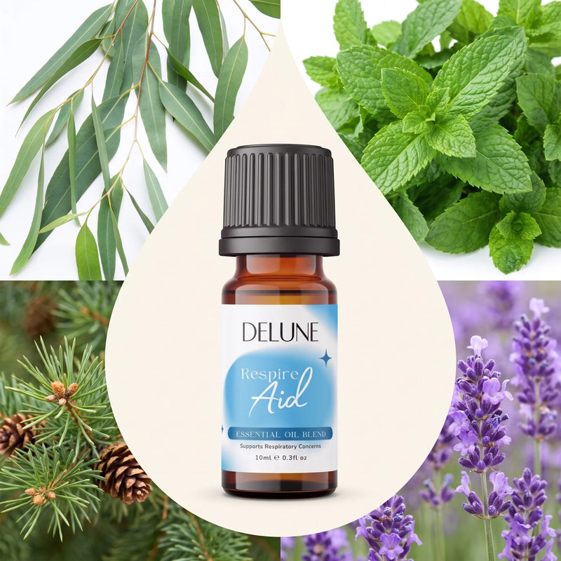 Mezcla de aceites esenciales Respire Aid de Delune rodeada de sus ingredientes: eucalipto, menta, pino y lavanda