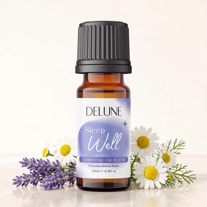 Mezcla de aceites esenciales Sleep Well de Delune, frasco de vidrio ámbar de 10 ml con flores frescas de lavanda y manzanilla