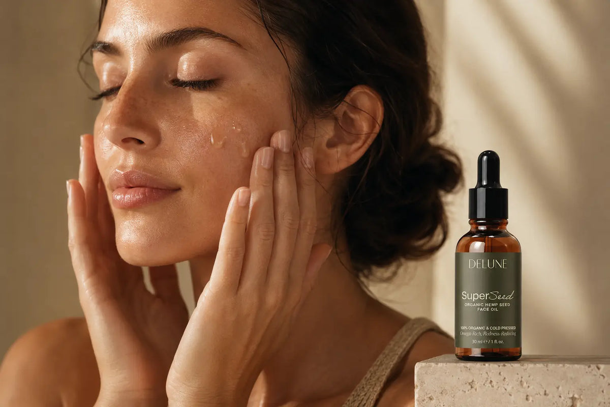 Aceite facial de semilla de cáñamo presionado sobre la piel