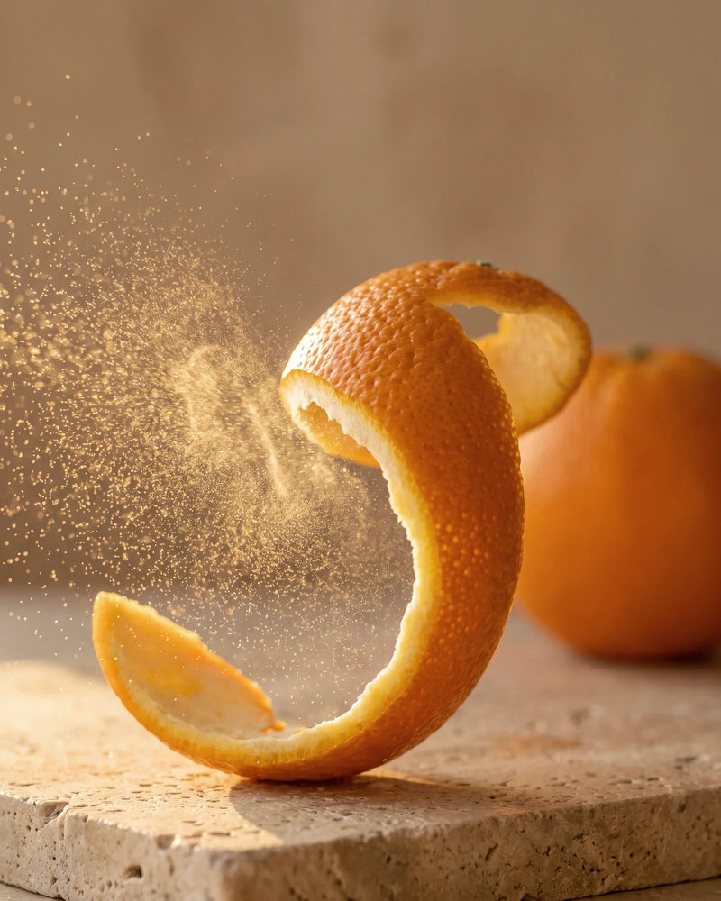 Una cáscara de naranja fresca que, al torcerse, suelta una fina bruma dorada a contraluz: el aroma dulce y soleado del aceite esencial puro de naranja dulce de Delune