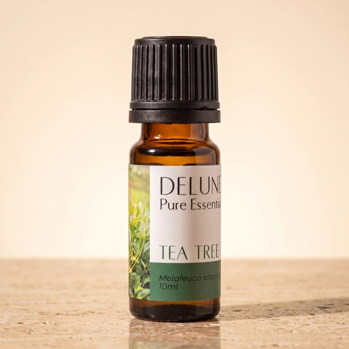 Aceite esencial puro de árbol de té de Delune, frasco de vidrio ámbar de 10 ml sobre piedra travertino cálida