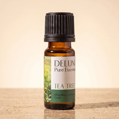 Aceite esencial puro de árbol de té de Delune, frasco de vidrio ámbar de 10 ml sobre piedra travertino cálida
