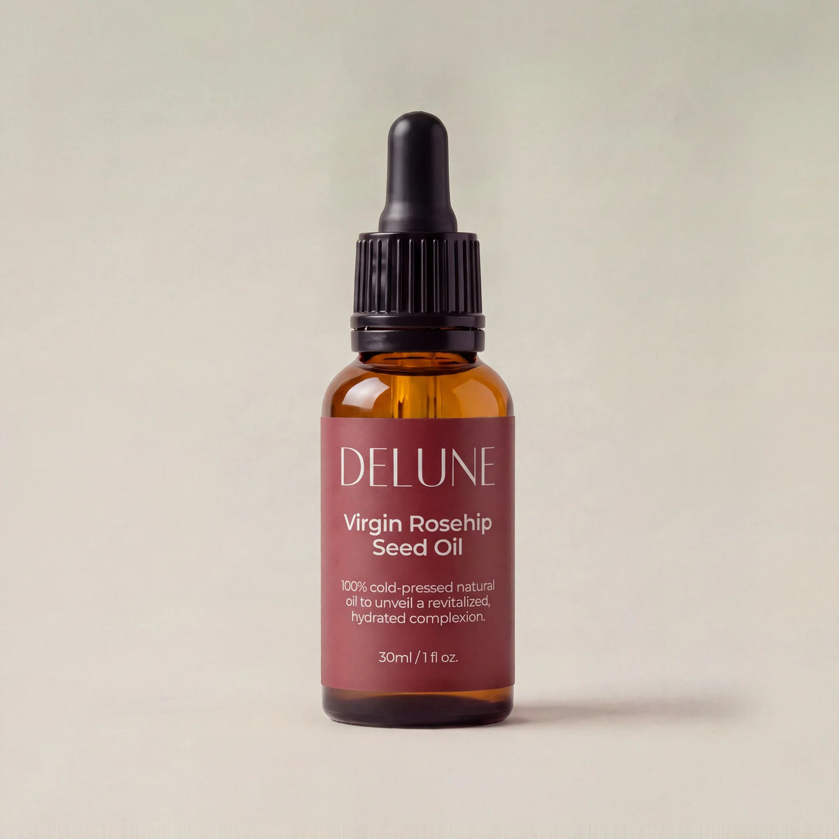 Frasco gotero de 30 ml del aceite virgen de semilla de rosa mosqueta Delune