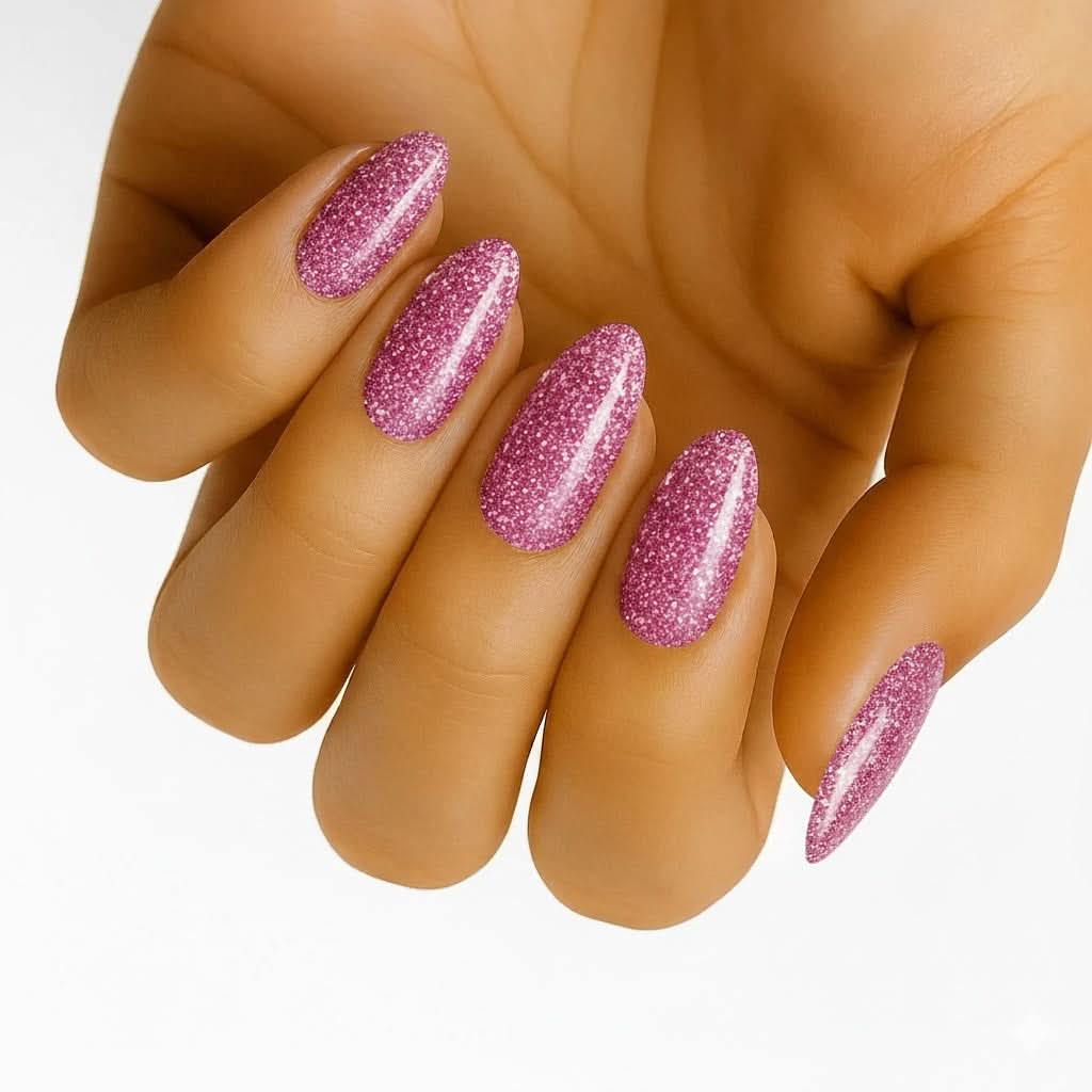 Uñas adhesivas Glitter Bug sin lámpara UV: acercamiento a uñas almendradas con glitter rosa brillante