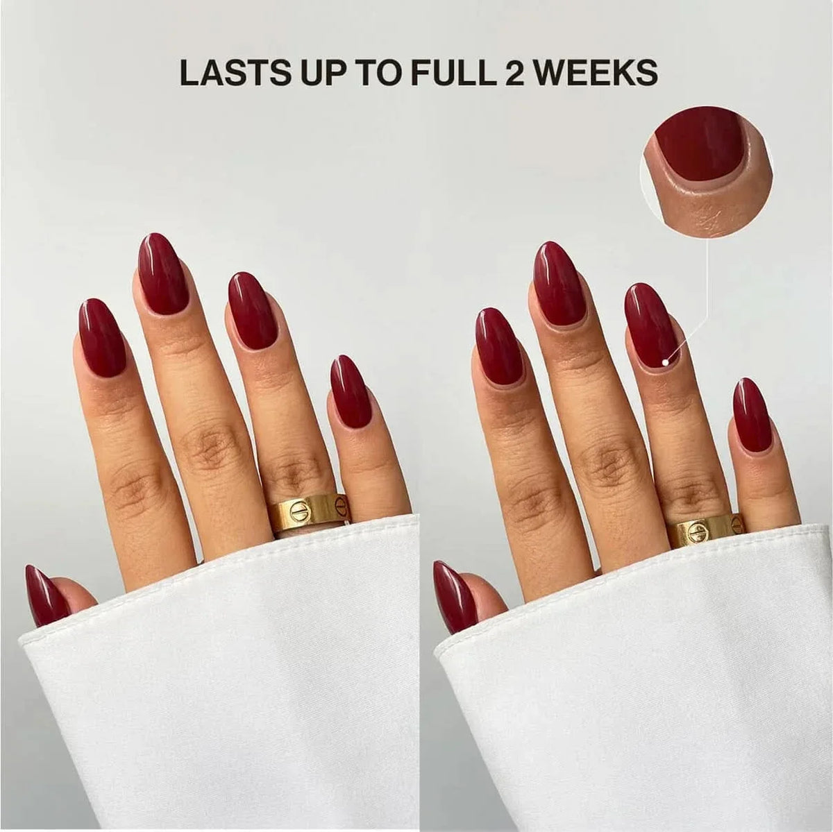 Uñas adhesivas Blush sin lámpara UV: duran hasta 2 semanas, mostradas en las manos después de dos semanas de uso